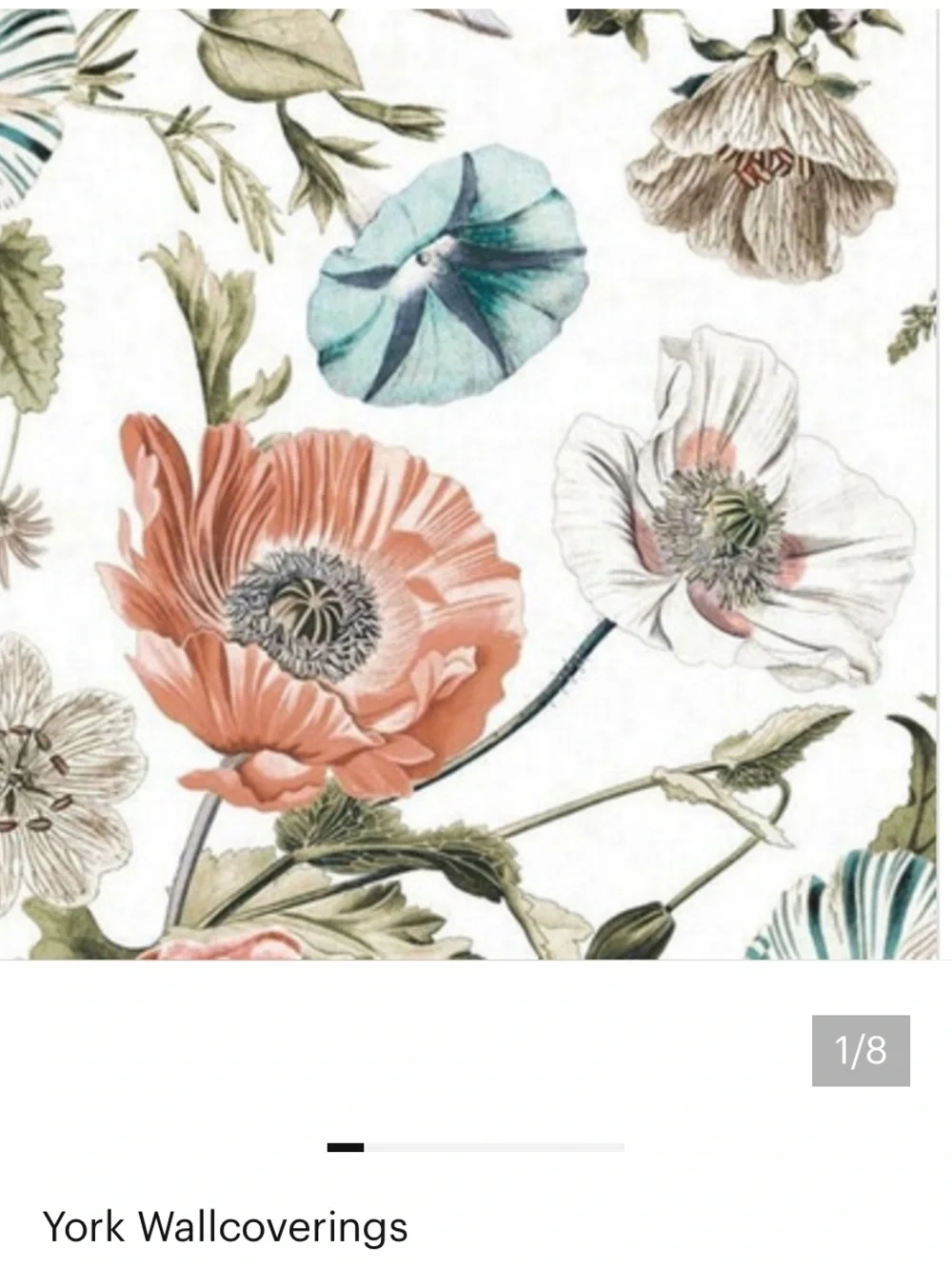 Vintage Poppy Room Mates Wallpaper - Green, Teal, Cream Botanical.